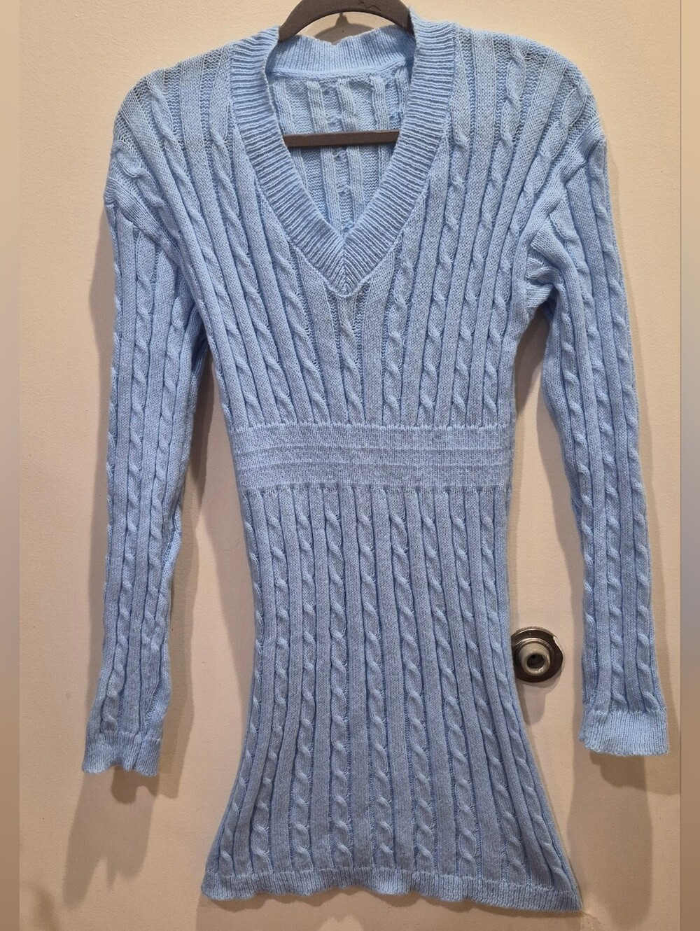 Light Blue Cable Knit V-Neck Women's Sweater Dress
